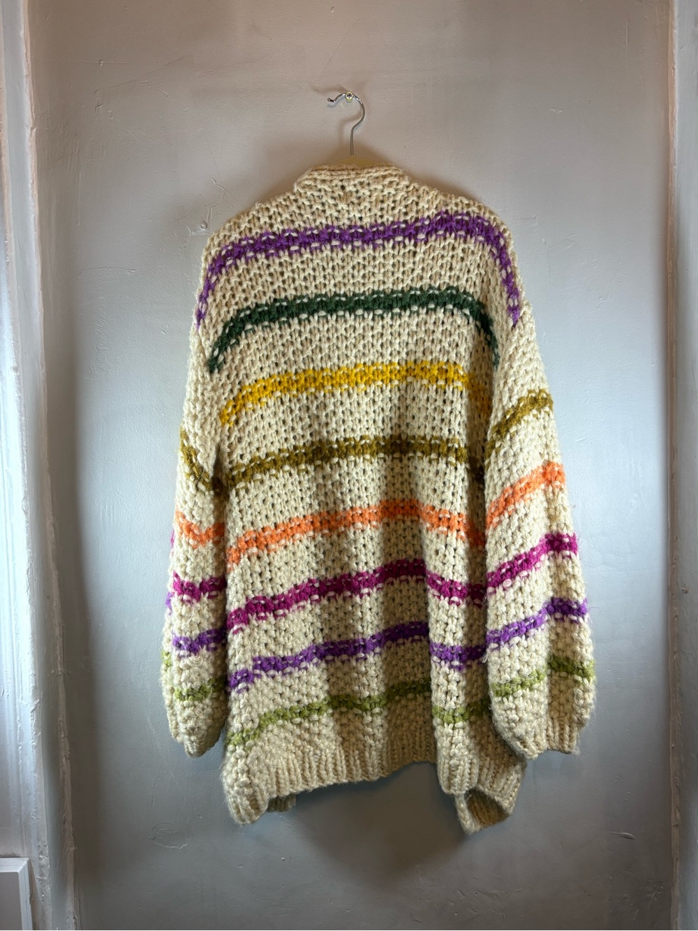 FRNCH Paris Hand-Knit Chunky Cardigan – Cream w/ Rainbow Stripes, S/M